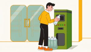 החזרת בקבוקים למכונת פיקדון - Pinoi.co.il Cartoon man in an orange shirt refilling a plastic bottle at a green water dispenser; background shows large doors/iframes.